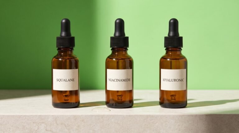 Three amber glass dropper bottles labeled squalane, niacinamide and hyaluronic on a stone ledge against a bright green background