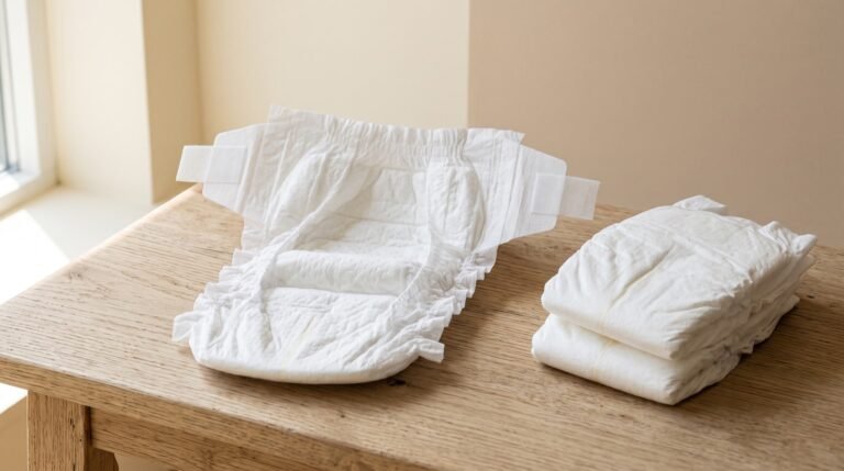 Folded natural disposable diapers stacked on a light wooden surface in bright daylight