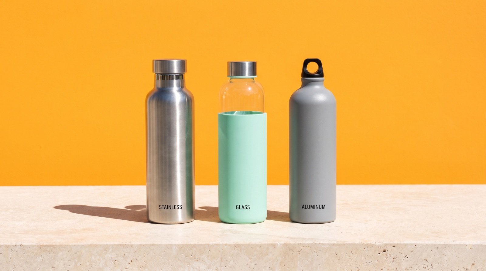 Three separate bottles labeled stainless, glass and aluminum standing in a row on a stone ledge against a bright orange background