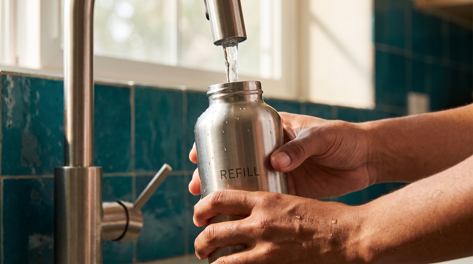 Two hands filling a brushed stainless steel bottle labeled refill under a running kitchen tap against teal tile