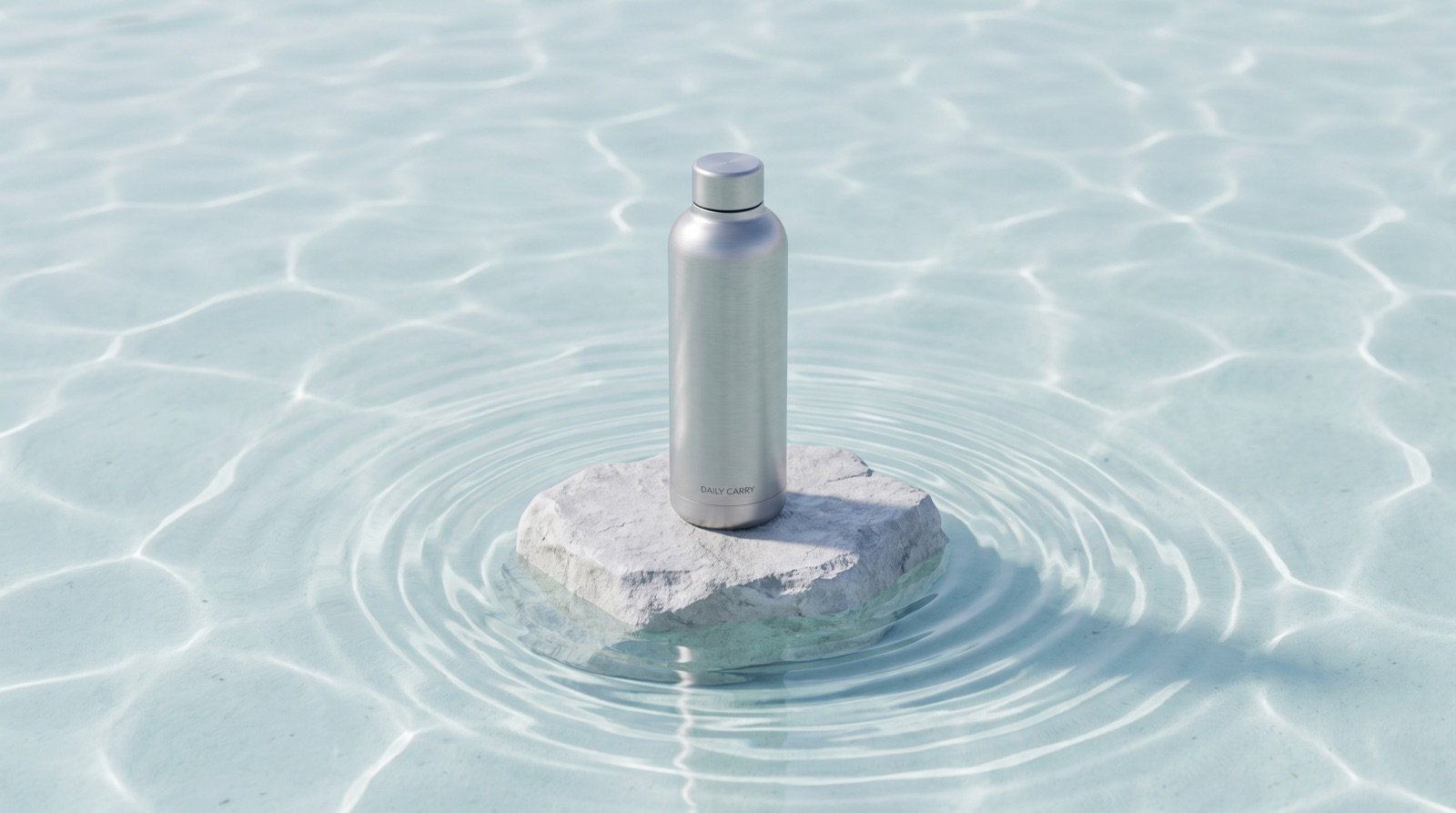 A stainless steel bottle labeled daily carry standing on a pale stone in shallow rippling aqua water